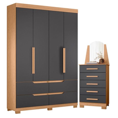 Guarda Roupa Solteiro Doble 04 Portas e Cômoda New Veneza Freijo Titanium - Móveis Albatroz