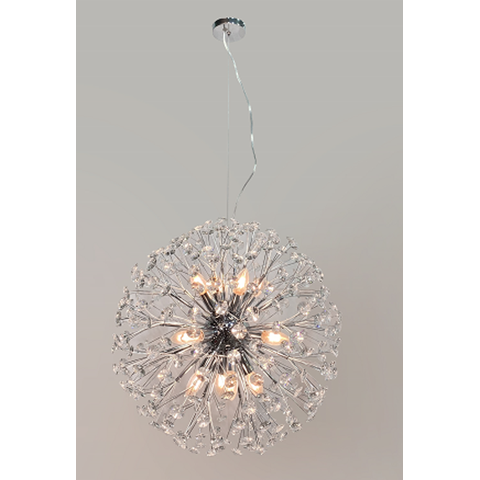 Lustre Pendente Dente de Leão Cromado Redondo Cristais 12E14 60cm PARIS LUZ
