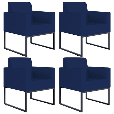 Kit 4 Poltronas Decorativas Sala Recepção Base Fixa Metal Helô L02 Suede Azul Marinho - Lyam
