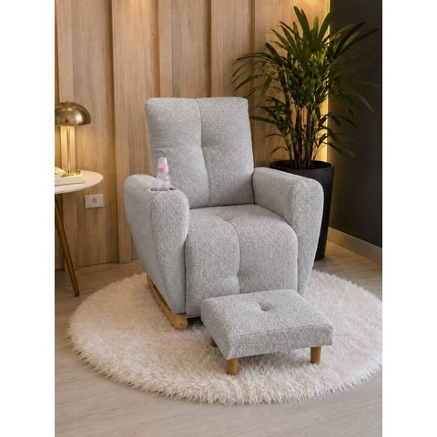 Poltrona de Amamentação Lara com Balanço Suave + Puff + Porta Mamadeira Boucle Prata