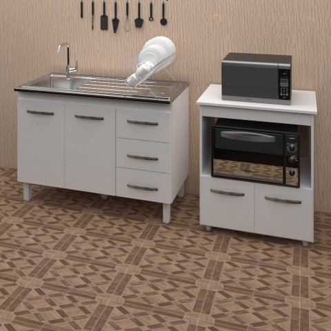 Armário Gabinete Pia de 120 cm Bianca com Balcão Multiuso Micro-Ondas Forno Elétrico Ângela Branco
