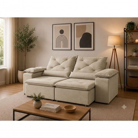 Sofá com Chaise Beatriz 3 Lugares Retrátil e Reclinável 195cm Bege
