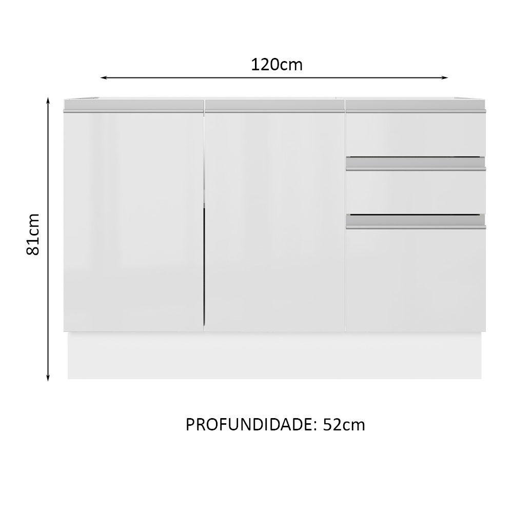 Balcão Gabinete de Pia Armário de Cozinha 100% MDF 120 cm 3 Portas e 2 Gavetas Portas Branco Brilho Acordes Madesa - 3