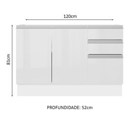 Balcão Gabinete de Pia Armário de Cozinha 100% MDF 120 cm 3 Portas e 2 Gavetas Portas Branco Brilho Acordes Madesa - 3