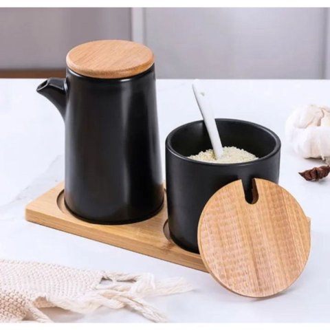Kit Galheteiro Gourmet Cerâmica Black e Bambu: Elegância e Organização para Sua Mesa