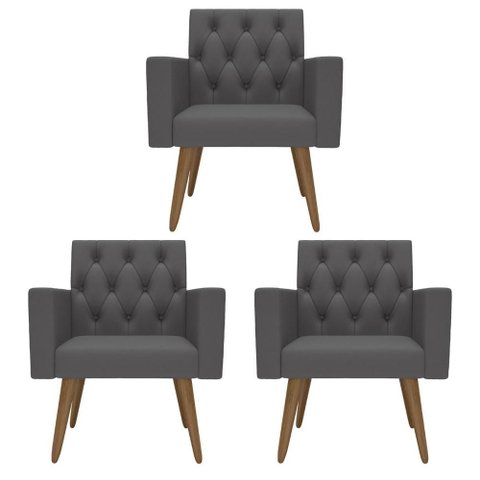 Design Exclusivo na Sala de Espera: Kit 3 Poltronas Capitonê Cinza-escuro