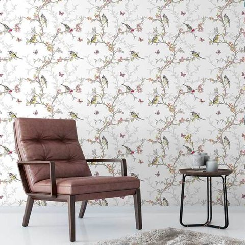 Papel De Parede Fundo Branco Com Desenhos De Passarinhos Para Quarto