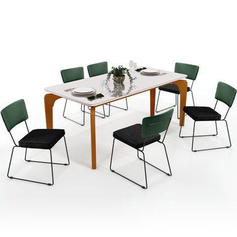 Mesa Capri 160cm Off White E 6 Cadeiras Allana B05 Facto Verde Musgo Linho Chumbo - Lyam Decor Capri