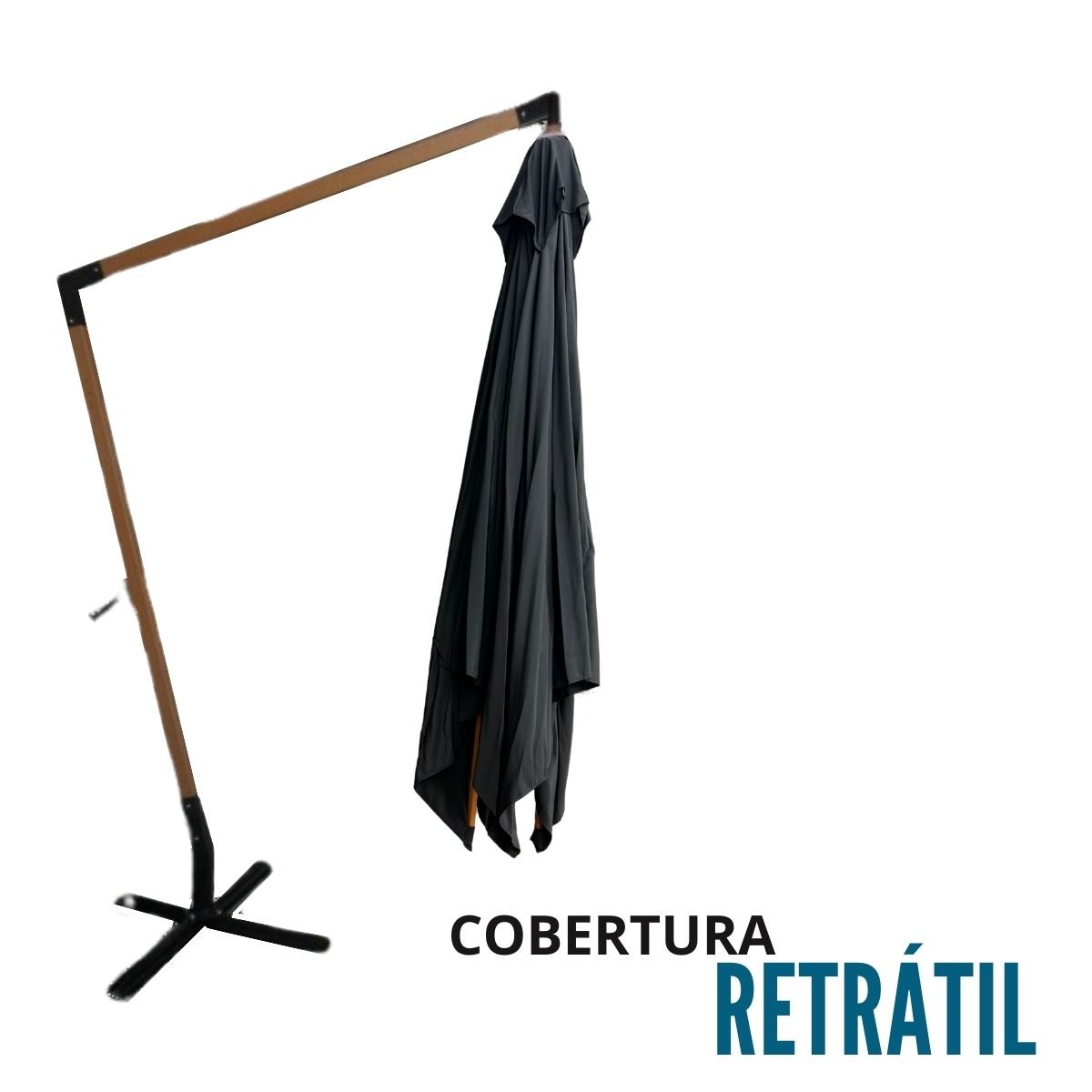 Ombrelone Lateral Suspenso Estrutura Madeira 3m Gigante Manivela Jardim Preto Importway Iwoblm-300 I - 3