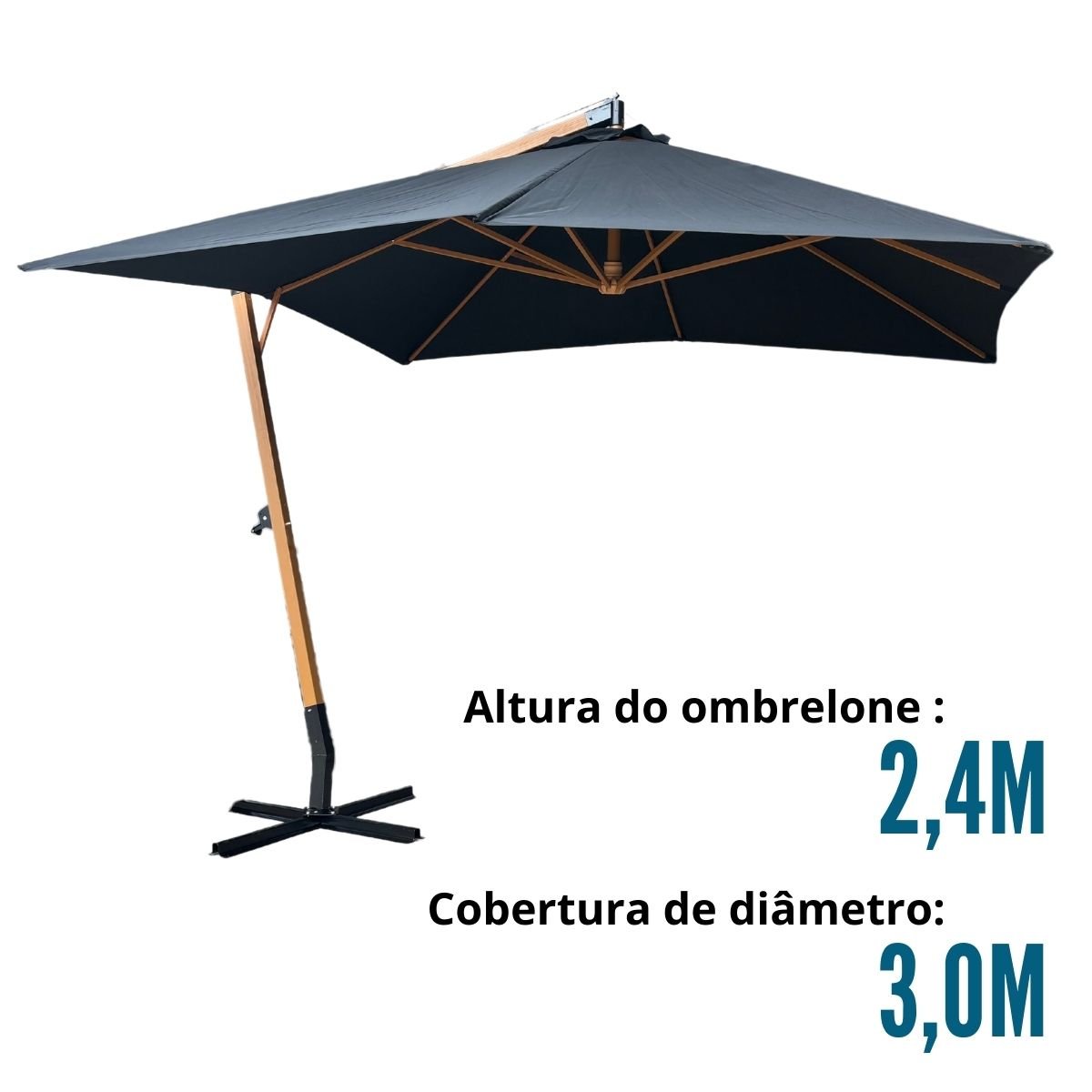 Ombrelone Lateral Suspenso Estrutura Madeira 3m Gigante Manivela Jardim Preto Importway Iwoblm-300 I - 2