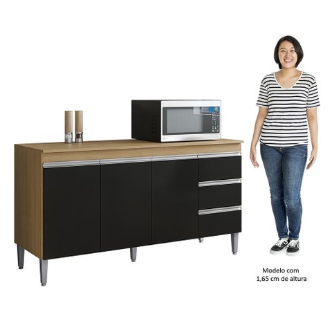 Balcão de Cozinha com Tampo 150cm 3 Gavetas Andréia Amêndoa/preto - Ajl Móveis