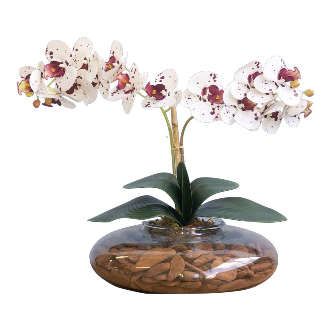 Arranjo com Duas Orquídeas Artificiais Tigre no Vaso de Vidro Transparente - 5