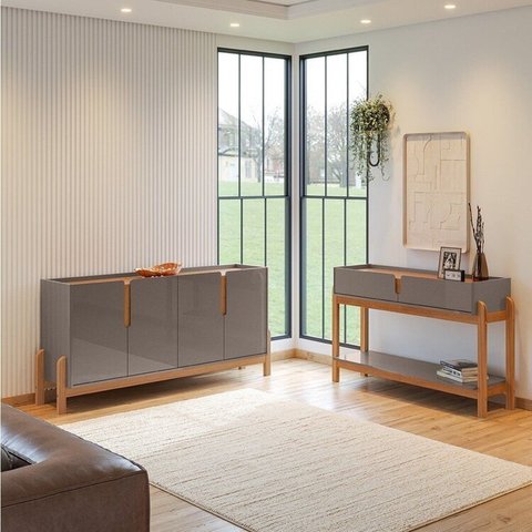 Buffet 170cm e Aparador 2 Gavetas com Pés de Madeira Maciça Lizz Cinza/Perola/Cedro
