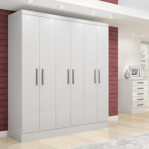 Guarda-roupa Casal 6 Portas 2 Gavetas Internas MDF Branco Paris