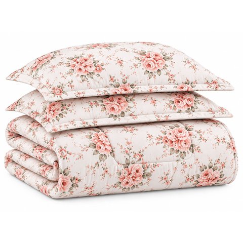 Kit Edredom Cobertor Zurique Queen Dupla Face Micropercal Estampado 400 Fios 3 Peças Floral Rosê Cla