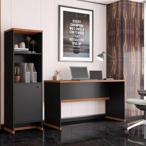 Kit Escritório Mesa e Armário Office Zeus - Via Nossa - Preto/naturale