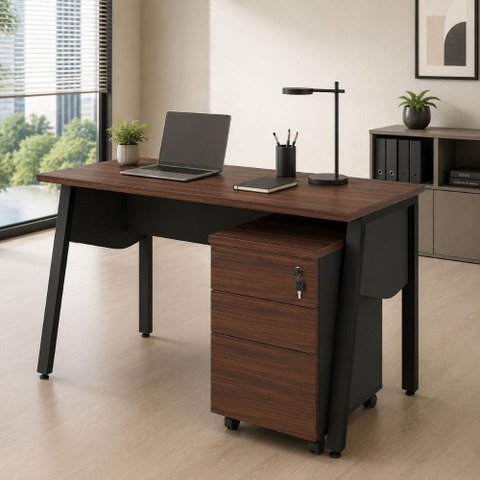 Mesa Escrivaninha 135cm x 60cm Tampo Chanfrado e Gaveteiro Móvel com 3 Gavetas F5 Office Cor:Louro