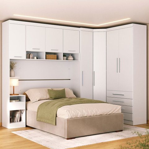 Quarto Modulado Queen de Canto com Guarda-roupas Maleiro e Cabeceira Alpes Master Luciane Móveis