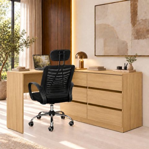 Conjunto Escritório com Mesa em L 6 Gavetas e Cadeira Giratória Multimóveis MCR6116 Madeirado/