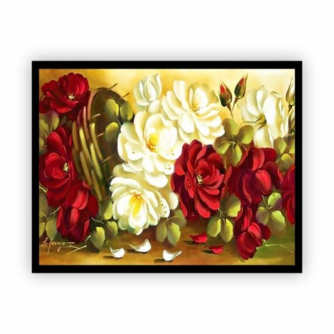 Quadro Pintura Rosas Arte Moldura Preta 60x40cm