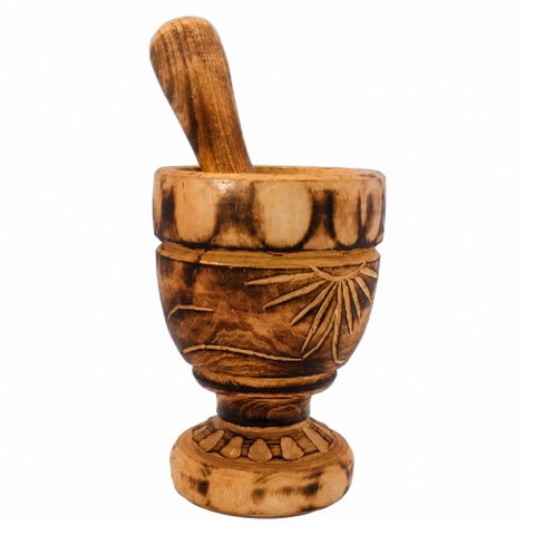 Pilão com Socador Grande 20x8 cm para Alho Madeira Maciça Artesanal - Sal Pimenta Pilao Temperos Cai