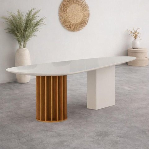 Mesa de Jantar 2 Torres 2x1 6 Lugares Orgânico MDF com Vidro Off White 200cm Arbo Design