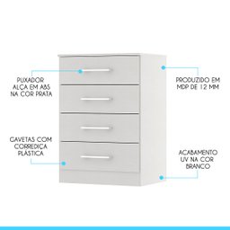 Cômoda Pequena com 4 Gavetas 55x93cm Mdp Branco 2007 Menu - 4