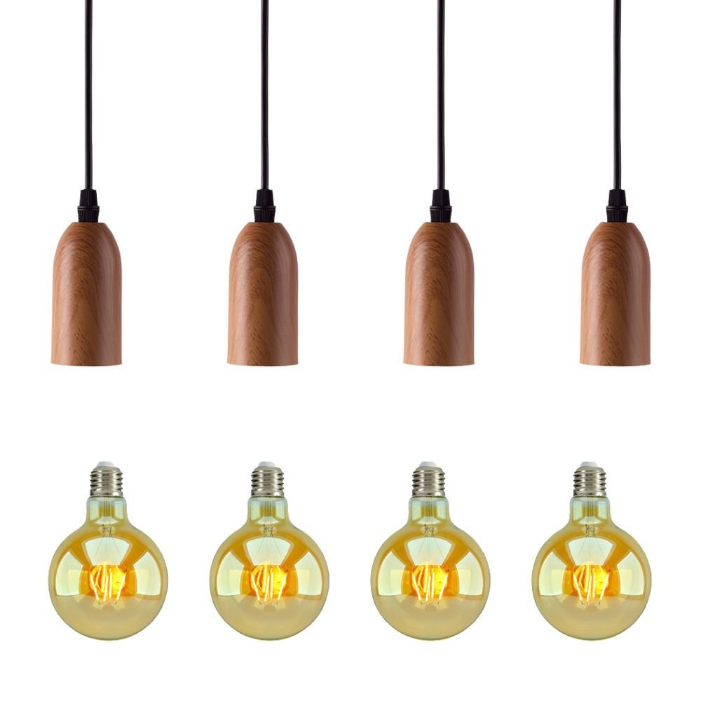 Kit 4 Luminária Pendente Metal Amadeirado Vintage + 4 Lâmpadas LED Retrô globo G80