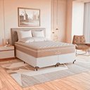 Ver imagem 1 de Cama Box Queen Branco + Colchão Paris Molas Ensacadas Bege Couro Branco/bege