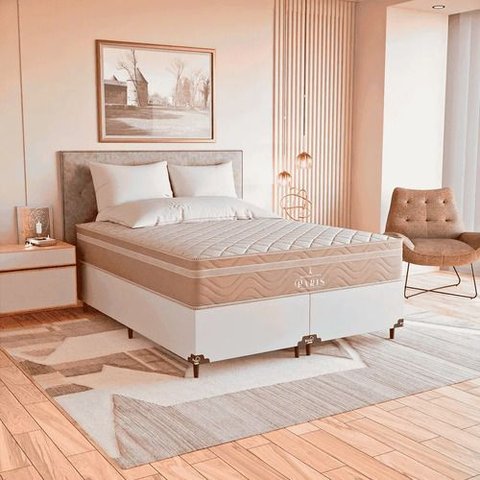 Cama Box Queen Branco + Colchão Paris Molas Ensacadas Bege Couro Branco/bege