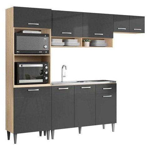Cozinha Compacta Balcão com Tampo Atenas 6 Portas 2 Gavetas - Atacama / Grafite