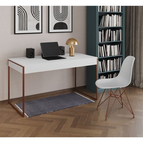 Escrivaninha Industrial Escritório Branca 137x53cm Malta com 1 Cadeira Eames Eiffel Branca Base Cobr
