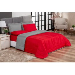 KIT EDREDOM CASAL QUEEN JOGO DE CAMA 06 PEÇAS ACONCHEGO DUPLA FACE CASA DONA VERMELHO E CINZA - 1