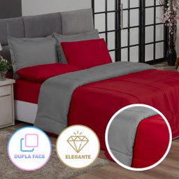 KIT EDREDOM CASAL QUEEN JOGO DE CAMA 06 PEÇAS ACONCHEGO DUPLA FACE CASA DONA VERMELHO E CINZA - 4