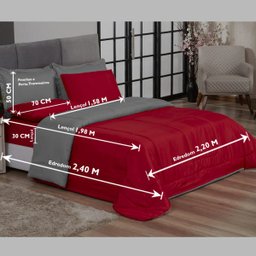 KIT EDREDOM CASAL QUEEN JOGO DE CAMA 06 PEÇAS ACONCHEGO DUPLA FACE CASA DONA VERMELHO E CINZA - 6