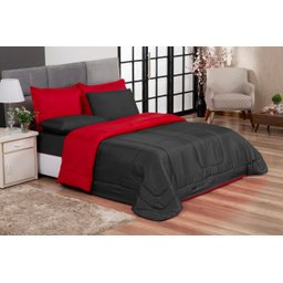 KIT EDREDOM CASAL QUEEN JOGO DE CAMA 06 PEÇAS ACONCHEGO DUPLA FACE CASA DONA PRETO E VERMELHO - 1
