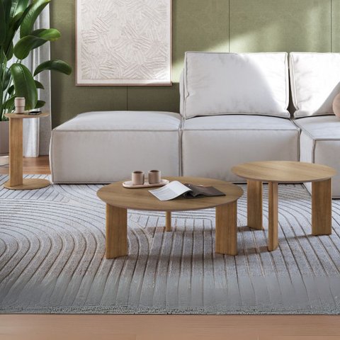 Kit 02 Mesas de Centro e 01 Mesa Lateral Pés Madeira Bulat A03 Hanover Roble - Lyam Decor
