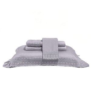 Jogo de Cama Casal Cristal 4 Peças Renda Renascença 300 Fios Percal Buettner Cinza