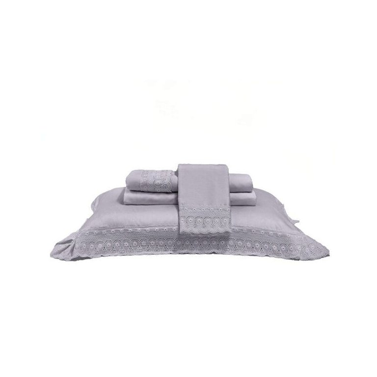Jogo de Cama Casal Cristal 4 Peças Renda Renascença 300 Fios Percal Buettner Cinza