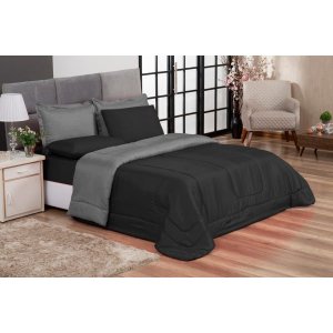 KIT EDREDOM CASAL QUEEN JOGO DE CAMA 06 PEÇAS ACONCHEGO DUPLA FACE CASA DONA CINZA E PRETO