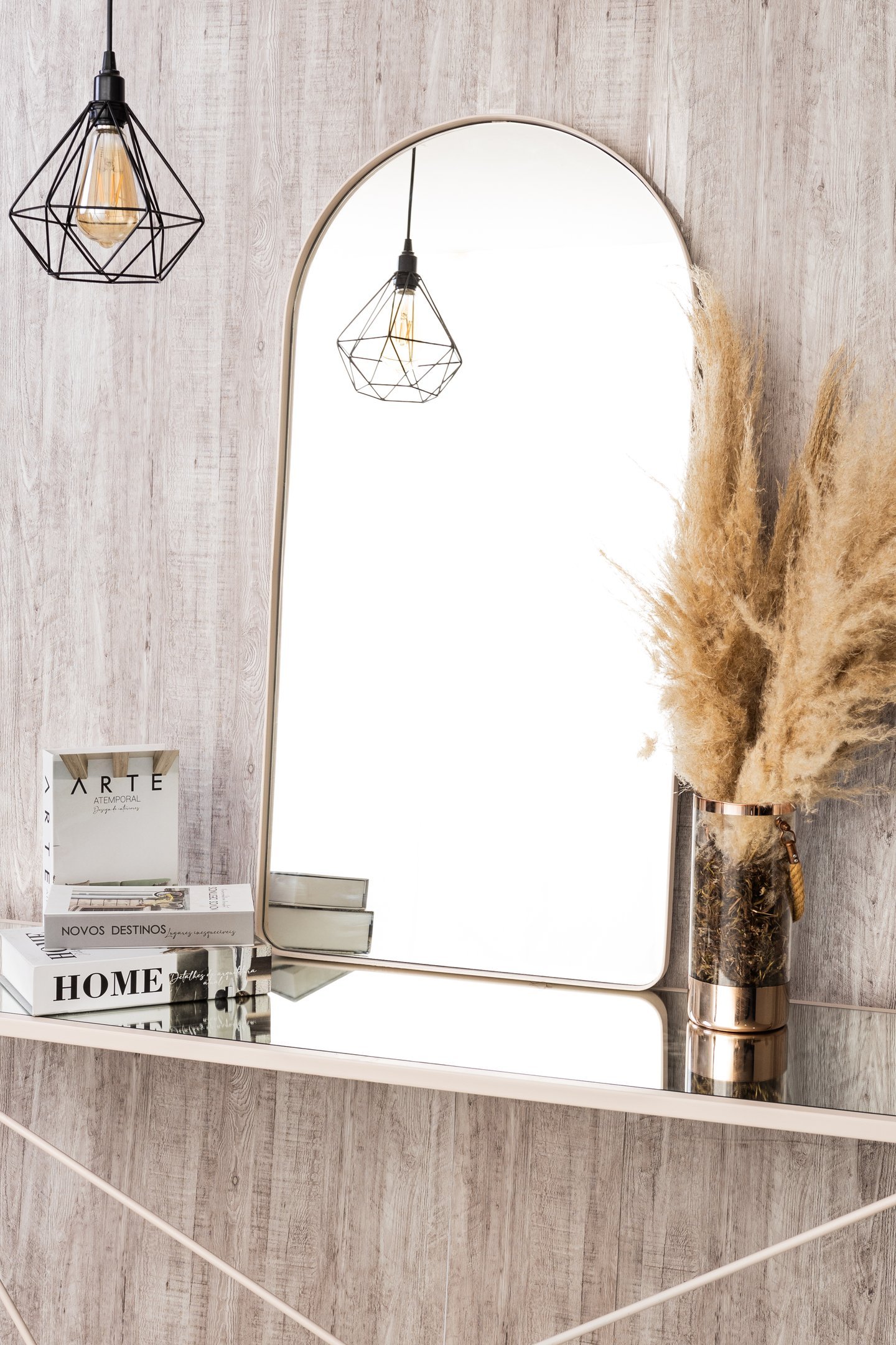 Espelho Decorativo Oval Janela Base Reta com Moldura Metal Off White 100 X 50 Cm - 1