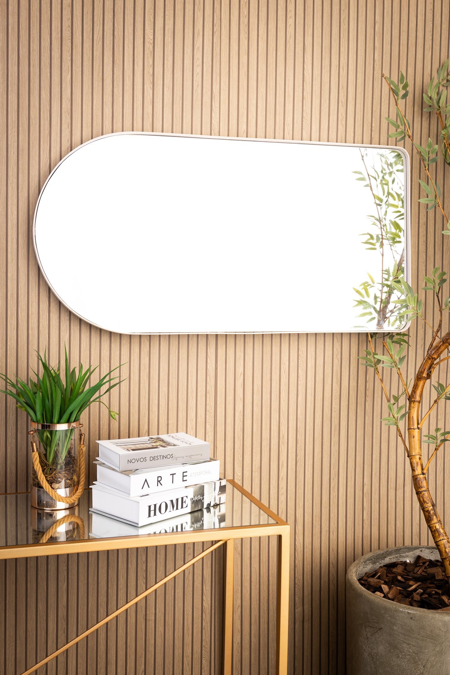 Espelho Decorativo Oval Janela Base Reta com Moldura Metal Off White 100 X 50 Cm - 3