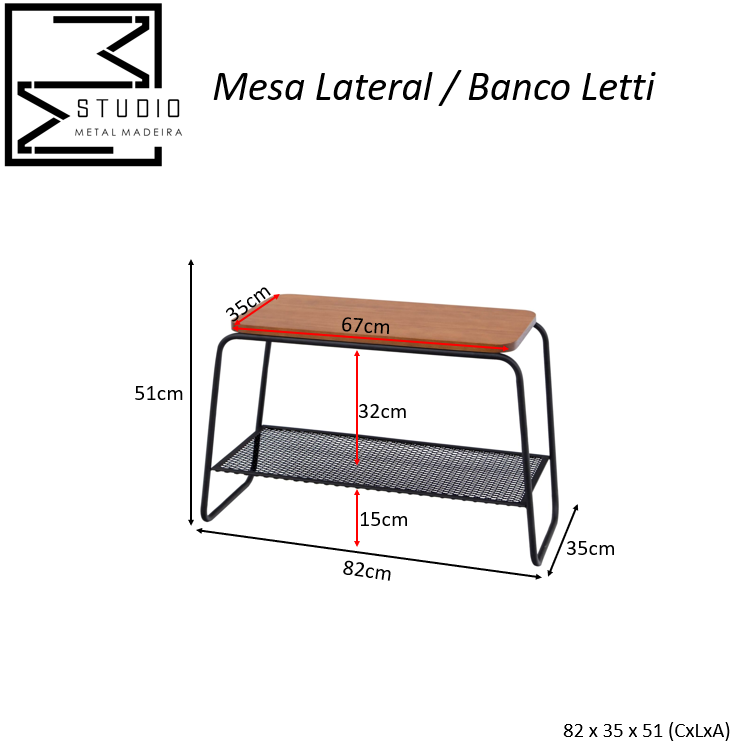 Mesa Lateral Letti Banco Sapateira Industrial Elegante Studio Metal Madeira Preto - 6