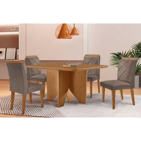 Conjunto: Mesa Sala Jantar Nevada C/ Tampo Madeirado Canto Curvo 90x90cm e 4 Cadeiras Pietá
