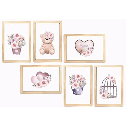 Kit Quadro Coração Flores Decorativo Quarto Criança Enxoval Bebe Menina.