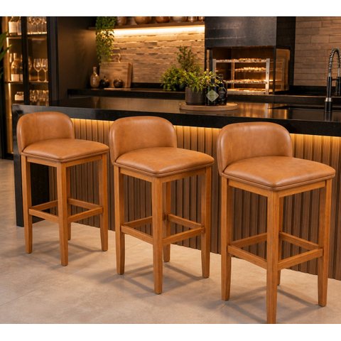 Kit 3 Banquetas Altas Madeira Eucalipto e Corino 75 Cm