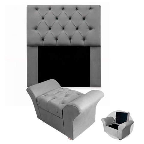 Kit Cabeceira Mirage + Calçadeira Baú Veneza Solteiro 120cm Suede - Ecotec Decor:Cinza