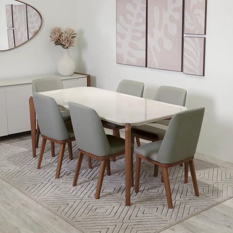 Conjunto de Jantar Mesa Retangular com Vidro Donatella 6 Cadeiras Kalina - Natural C/ Carbono