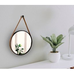 Espelho Decorativo Adnet Preto Alça Courino Rajada 40 cm Redondo Preto/Rajado, 40 cm - 3