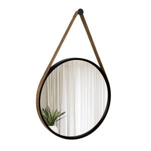 Espelho Decorativo Adnet Preto Alça Courino Rajada 40 cm Redondo Preto/Rajado, 40 cm